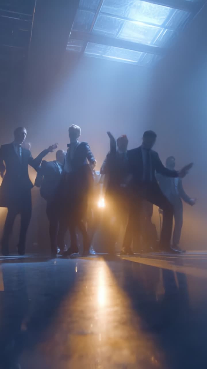 Dynamic Dance Performance Featuring Group Movement and Stylish Attire in Dramatic Lighting and Professional Choreography Captured in Two Frames