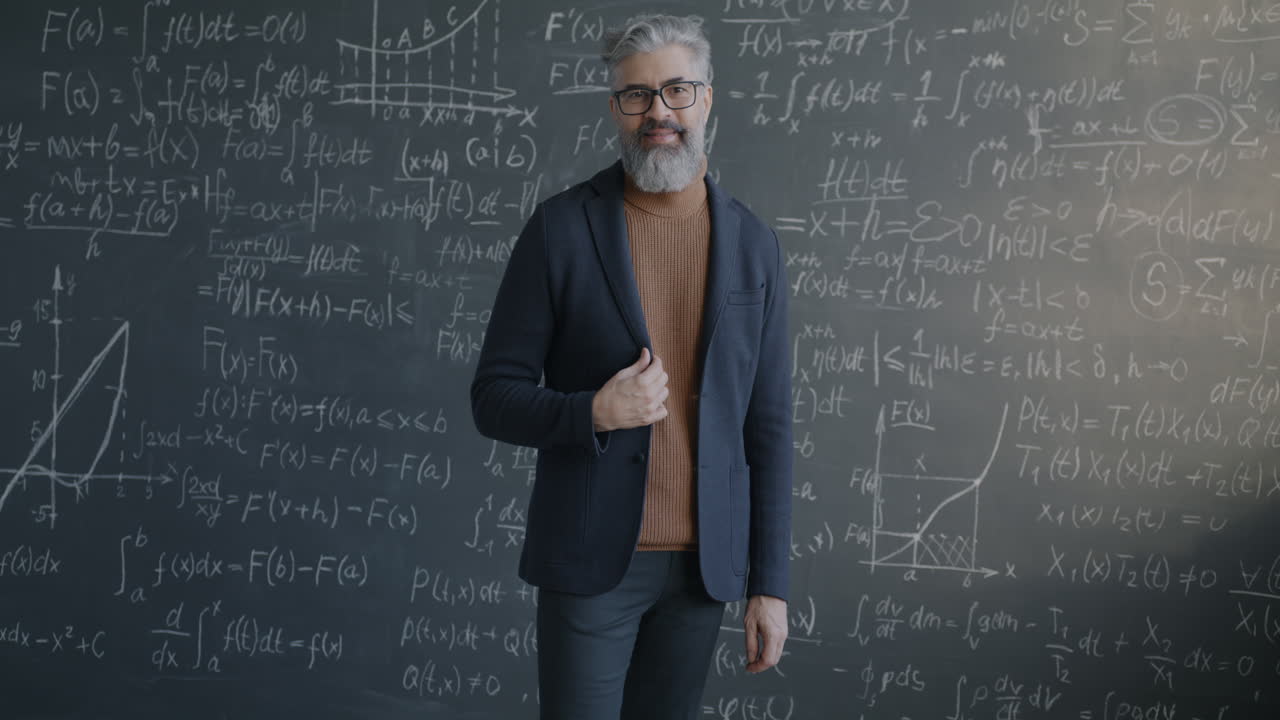 Professor in front of a chalkboard filled with math equations