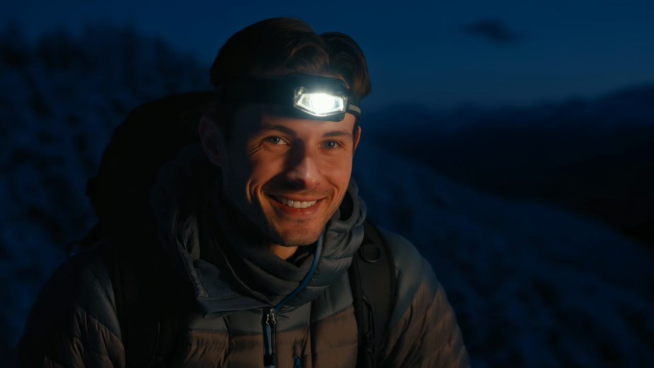 Caucasian Hiker With Headlamp Smiling On Mountain Ridge At Night, Illuminated Face, Wearing Puffy Jacket