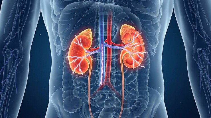 Transparent lower torso displaying kidneys ureters and urinary bladder