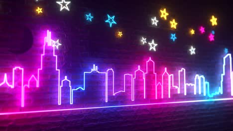 brillante ciudad nocturna de neón contra una pared de ladrillo con estrellas y la luna. concepto de ciudad nocturna. bucle sin costuras 3d render