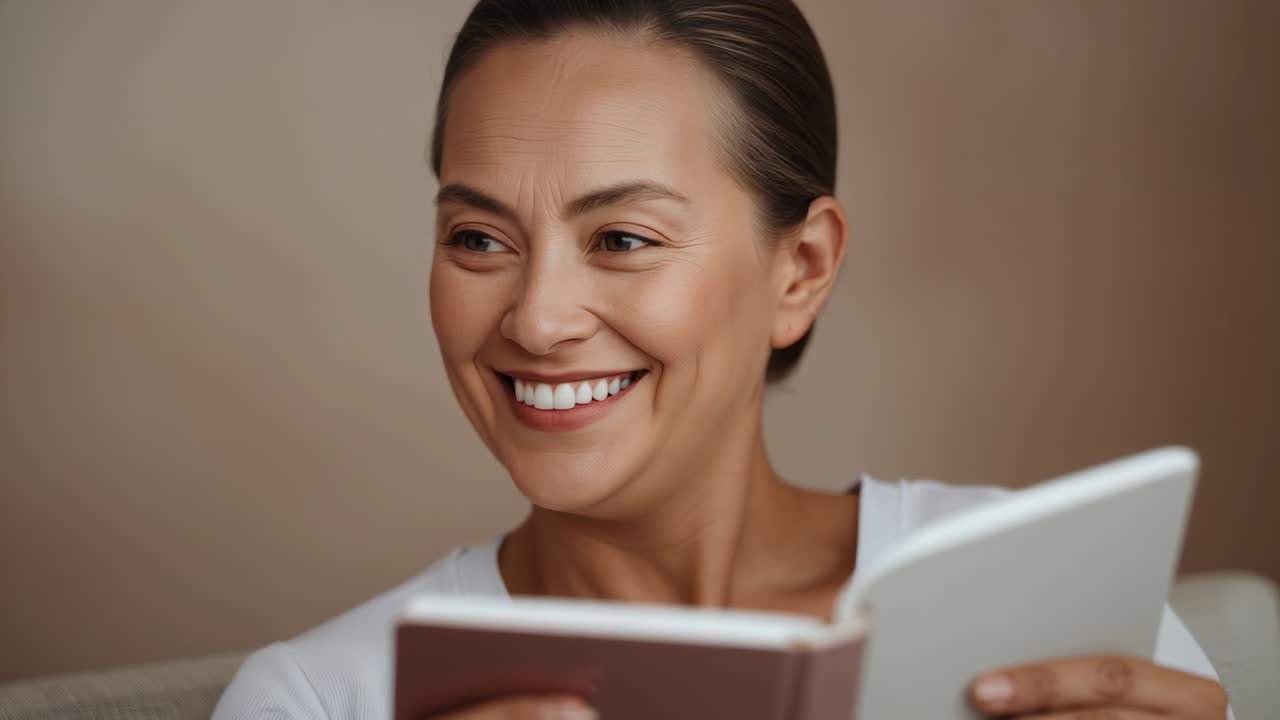 白いトップスを着た中年女性がソファでハードカバーの本を持ち、読書を始め、面白い文章に反応している。