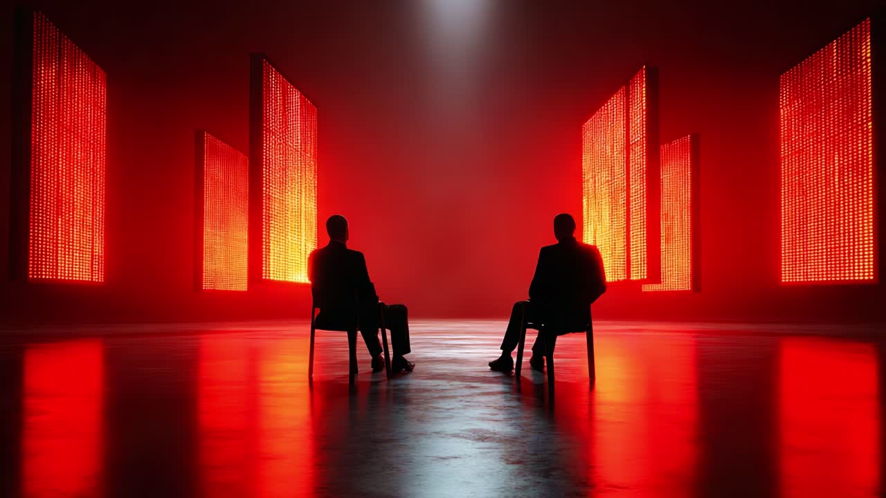 Two silhouetted figures seated in chairs under a spotlight, facing radiant red illuminated screens, creating an atmosphere of intrigue and tension in a dimly lit space
