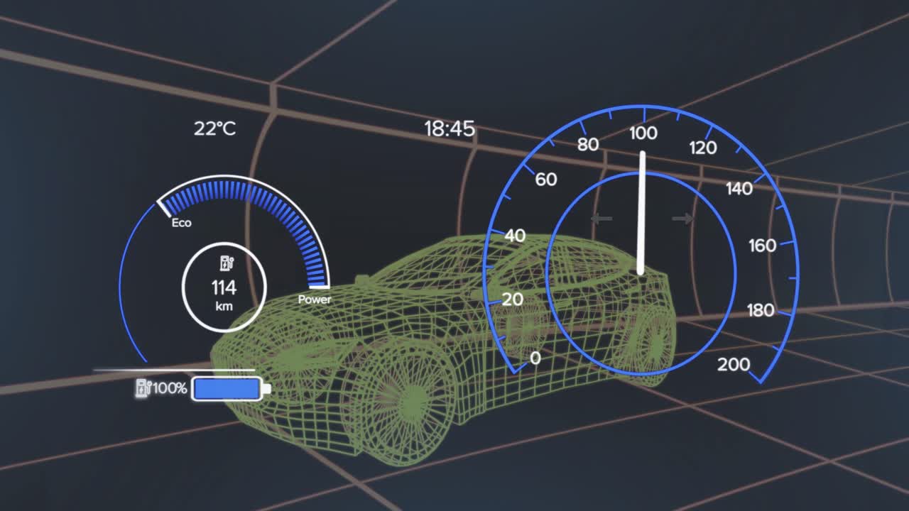 어두운 배경 위에 3d 자동차 모델과 스피도미터의 애니메이션