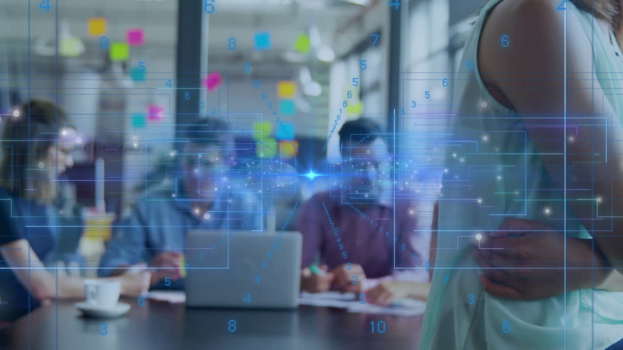 Woman reaching for smartphone during business data review with animated network reflecting face