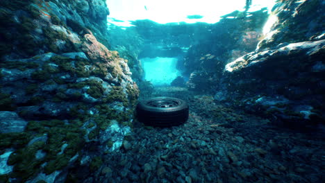 underwater tire pollution in a coral reef