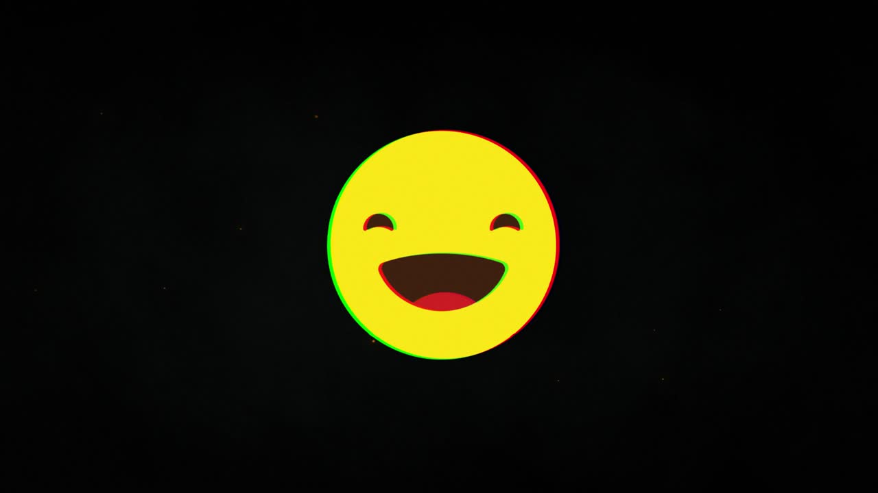 Simbolo olografico HUD di sorriso felice su schermo di vecchia TV digitale, animazione glitch in loop continuo