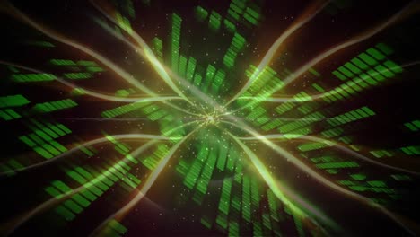 Digital-animation-of-light-waves-over-green-mosaic-squares-spinning-against-black-background