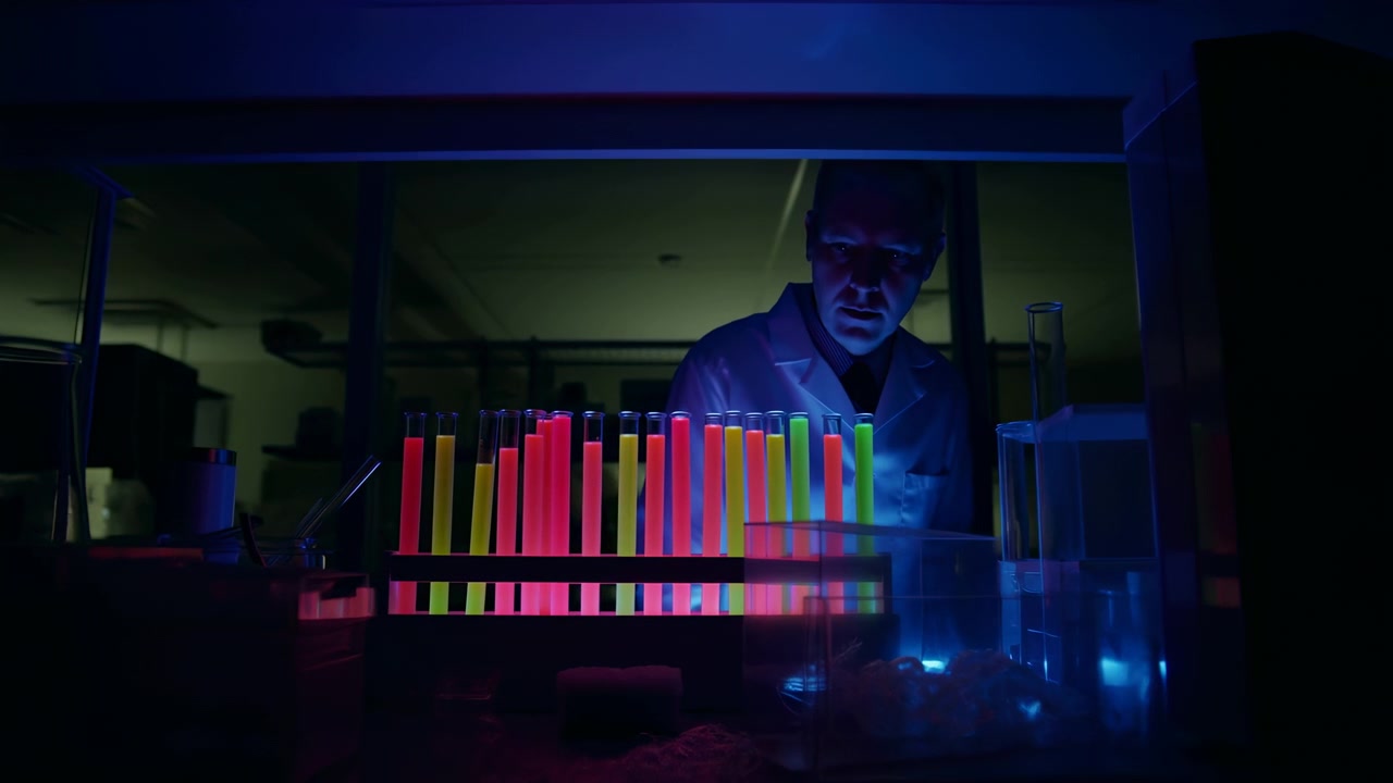 Adult scientist in white coat leans slightly toward bright test tubes on laboratory bench, staring forward with focused expression while neon blue, pink, green, and red light reflects through