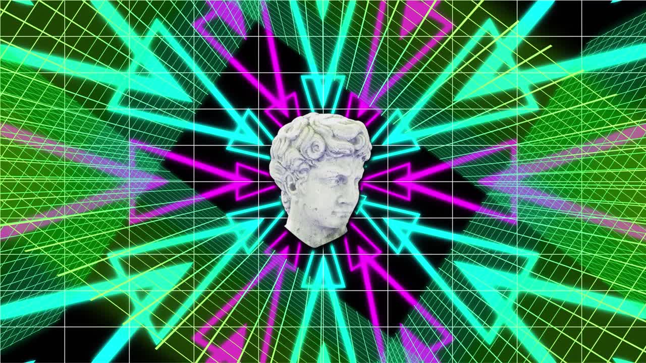 animación de la escultura de la cabeza con interferencia sobre formas coloridas sobre fondo negro.