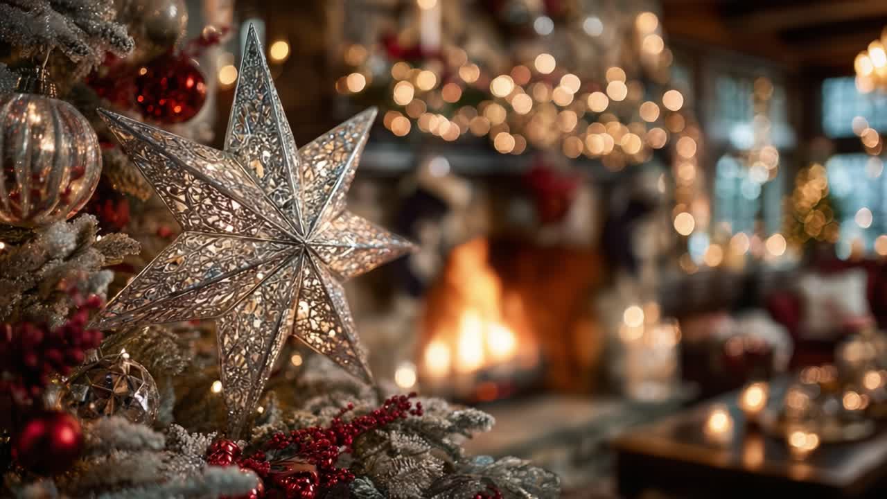 A Cozy Christmas Scene Featuring a Stunning Silver Star Ornament Amongst Festively Decorated Tree and a Warmly Lit Fireplace in the Background