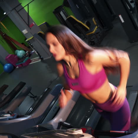 right profile of a sporty woman running on a racetrack in fitness center. beautiful woman in pink top and athletic leggings training on a treadmill on the modern gym background.
