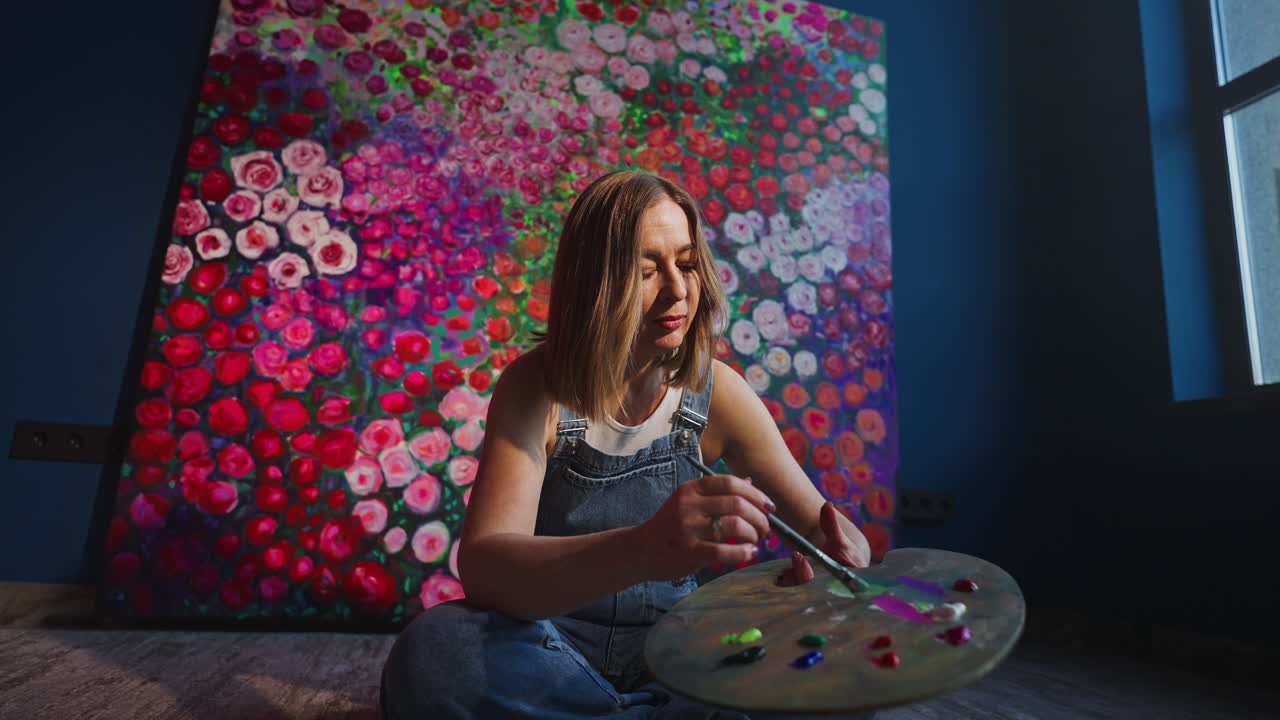Kvindelig kunstner blander maling på paletten i et atelier.