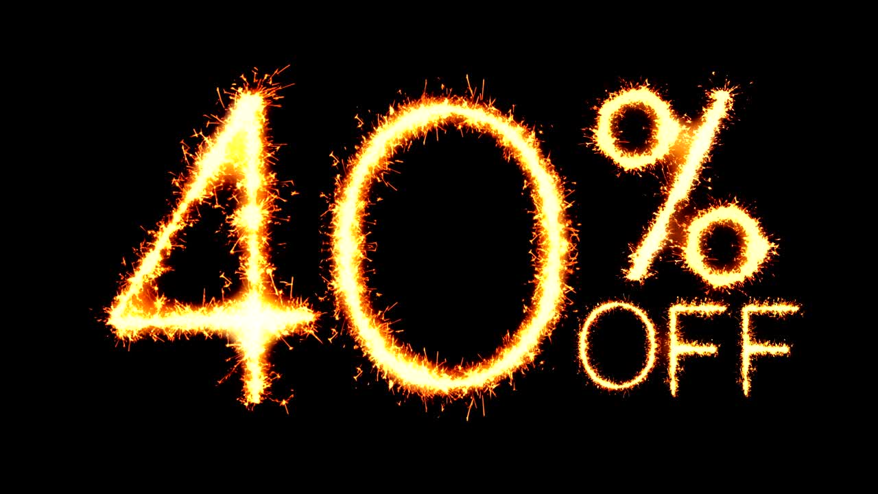40% de descuento en texto, brillo, chispas, animación de bucle de fuegos artificiales