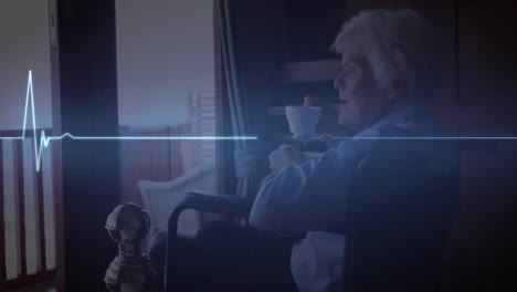 animation of glowing heart rate monitor, over senior woman in wheelchair drinking coffee