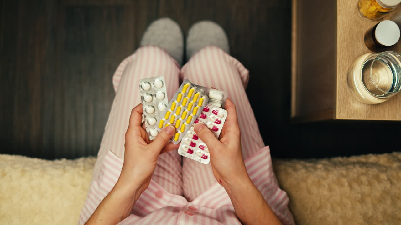 mujer con paquetes de medicamentos