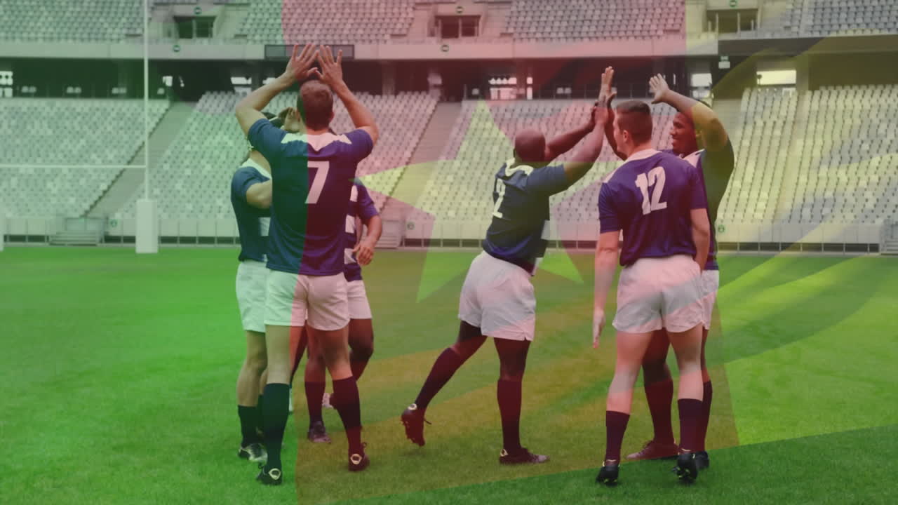 Celebrating on field, rugby players with colorful overlay animation in stadium