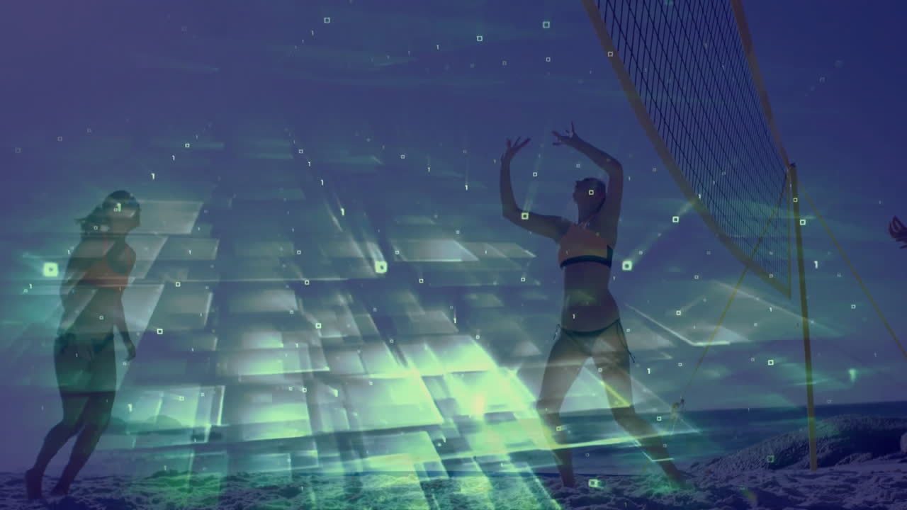 Playing beach volleyball, athletes with digital data animation overlaying scene