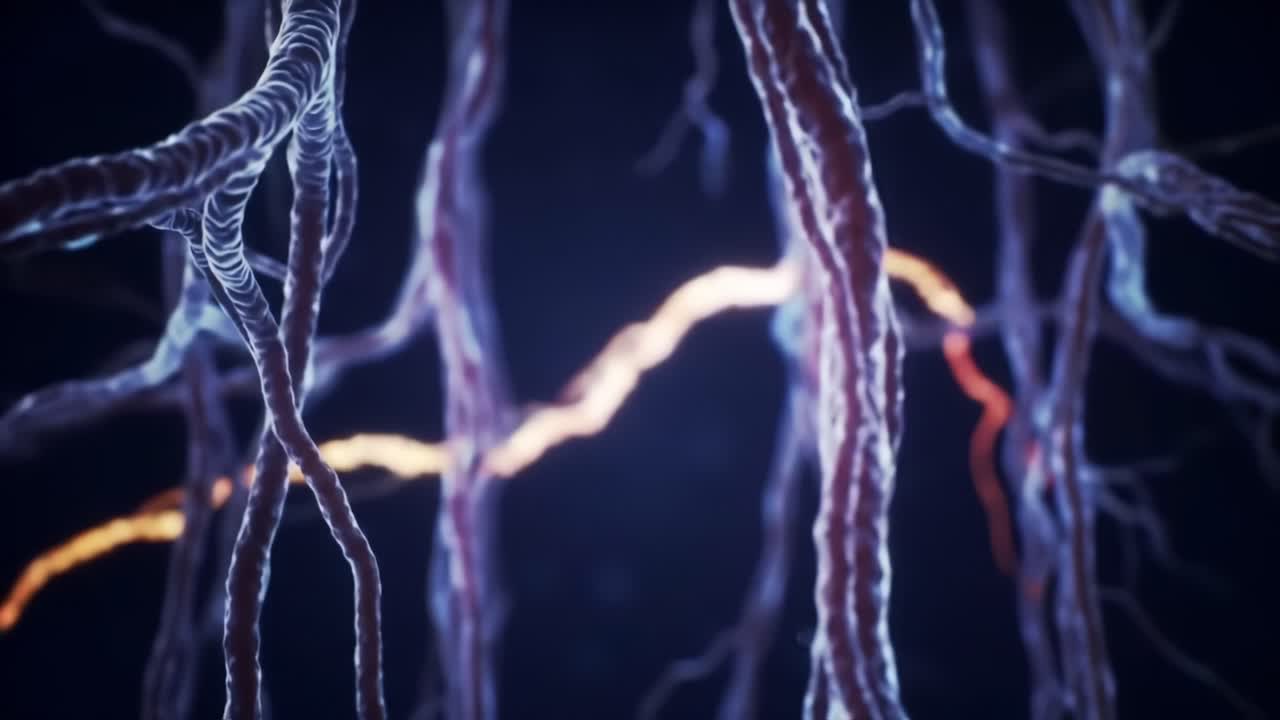 Exploring the Intricate Structures of Neural Connections: A Close-Up View Revealing the Dynamic Glow of Nerve Fibers and Their Electrical Activity in the Nervous System