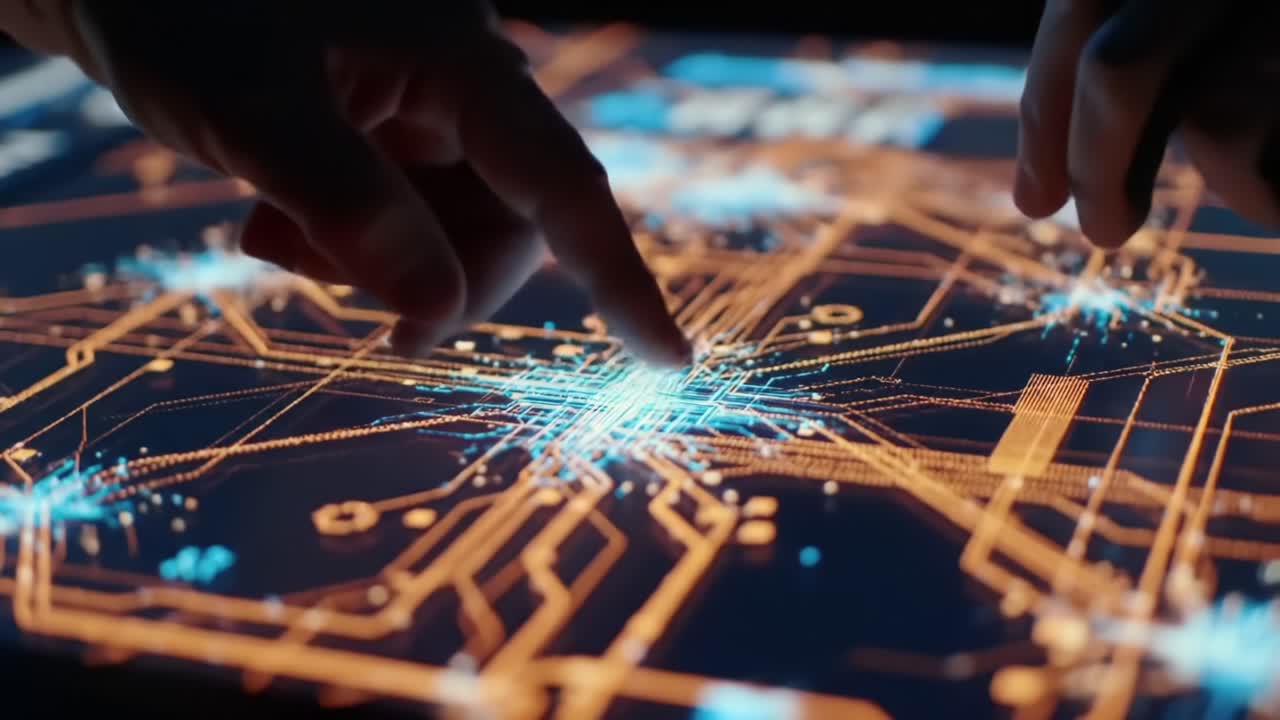 Exploring Complex Digital Networks: A Close-Up View of Hands Interacting with a High-Tech Interface Representing Data Connections and Information Flow