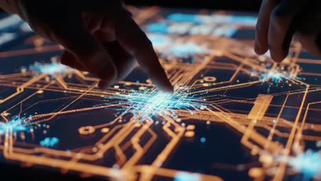 exploring complex digital networks: a close-up view of hands interacting with a high-tech interface representing data connections and information flow