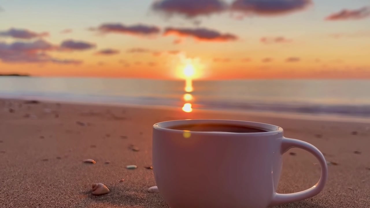 Tazza di caffè bianca su spiaggia sabbiosa con alba sull'oceano