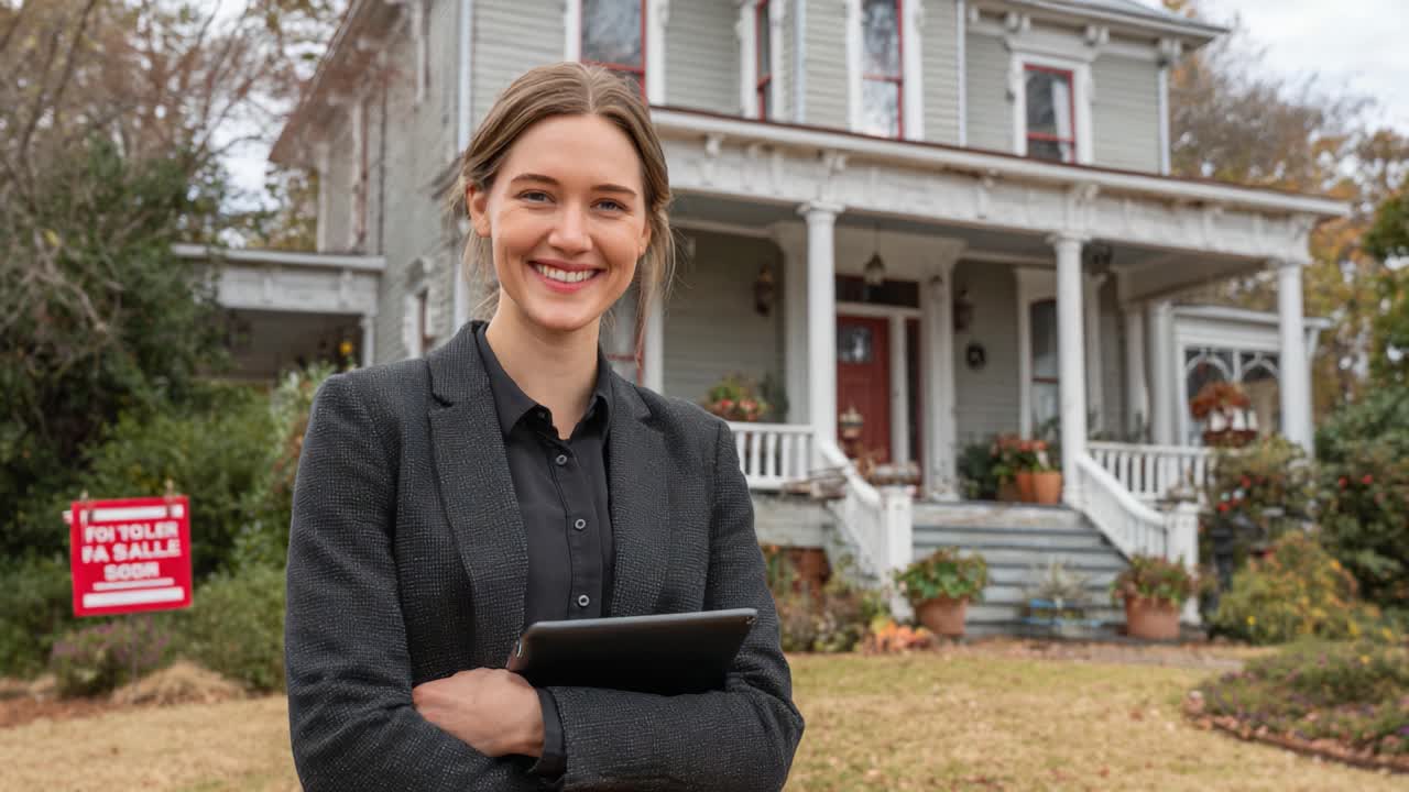A confident real estate agent stands in front of a charming house for sale, showcasing her professionalism and approachability while promoting the property's potential to buyers