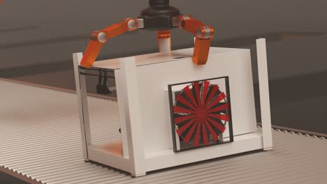 industrial robots for factory automation. a process of constructing 3d printers on an assembly line. orange robotic arms programmed to pick and place parts of printers. seamless loop.