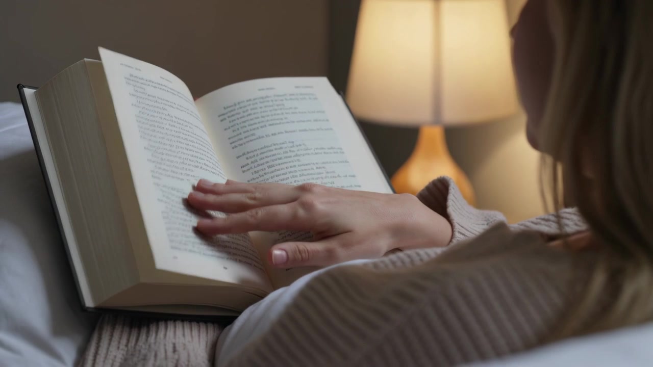 Flipping ribbed-sweater woman right hand poised, pausing to read book on bed, lamp, copy space