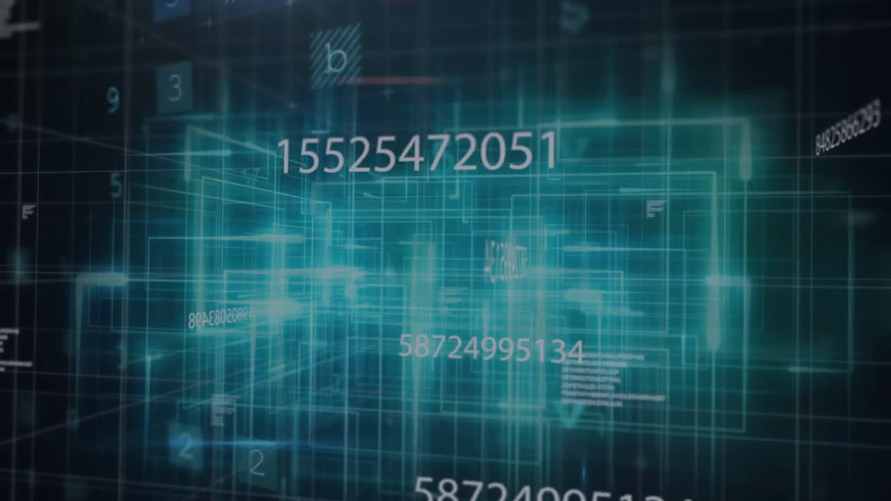 animación de números y procesamiento de datos sobre senderos brillantes sobre fondo negro