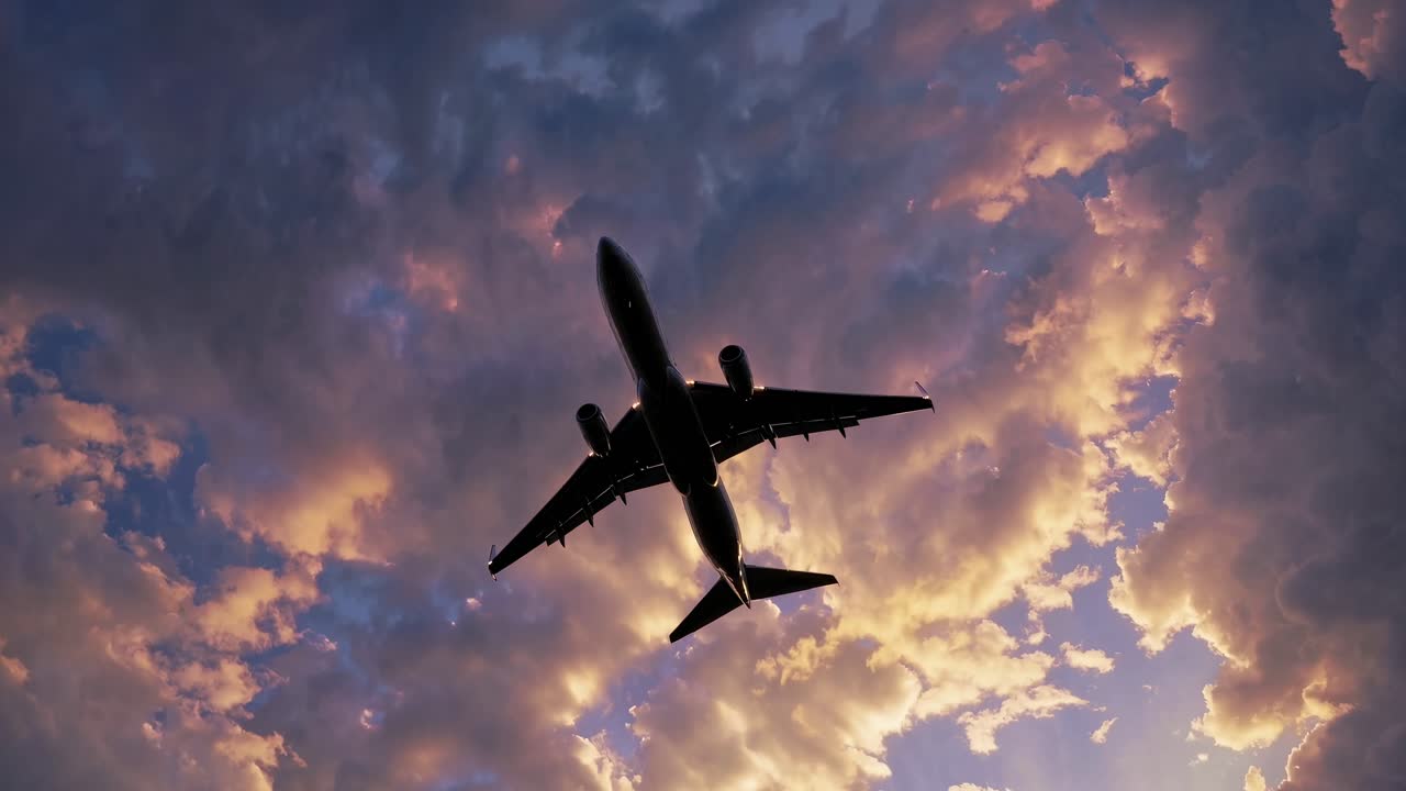 Silhouette of an Airplane Ascending into a Colorful Sunset Sky