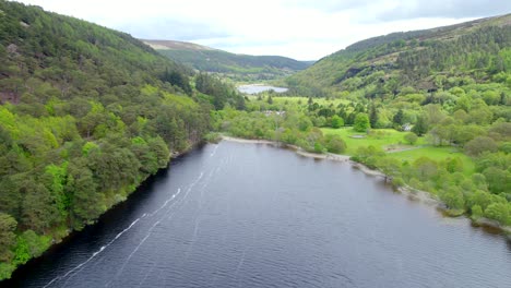 Aerial-view-of-upper-lake-in-Glendalough,-towards-lower-lake