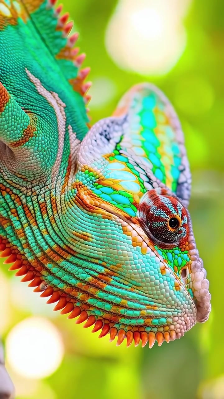 Primo piano della testa di un camaleonte vivace e colorato
