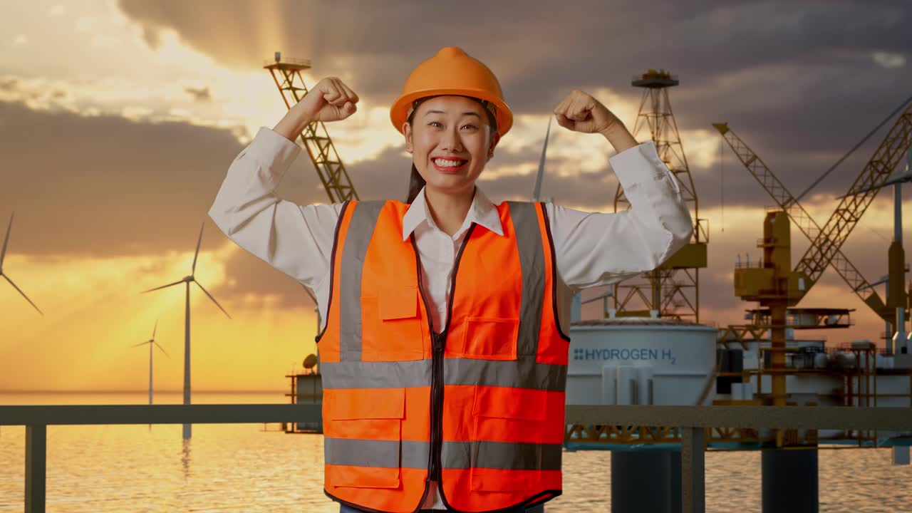 여성 엔지니어가 해상 풍력 발전소와 석유 굴착장에서 성공을 축하하고 있습니다.