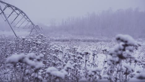 Toma-De-4k-De-Vegetación-Invernal,-Con-Equipo-De-Riego-De-Pivote-Central-En-Un-Campo-Agrícola-Abierto,-Durante-Una-Tormenta-De-Nieve-Helada