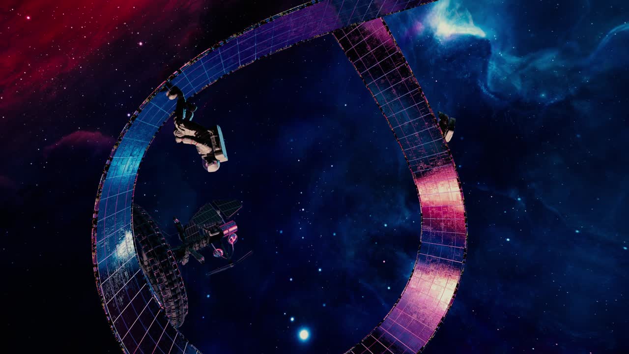 trippy ciencia ficción animación 3d de los astronautas corriendo sin fin en una franja de mobius