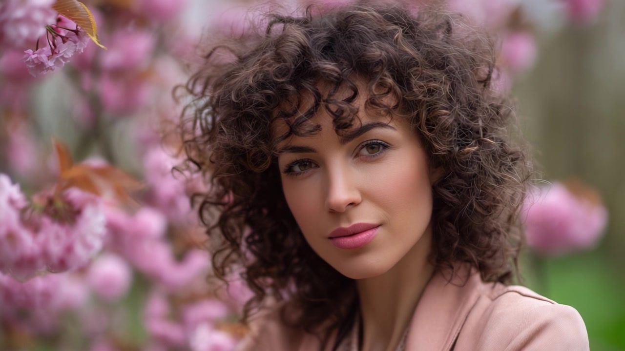 Una donna serena con i capelli ricci trova la tranquillità tra fiori rosa in fiore, catturando un bellissimo momento di riflessione e connessione con la natura in primavera.