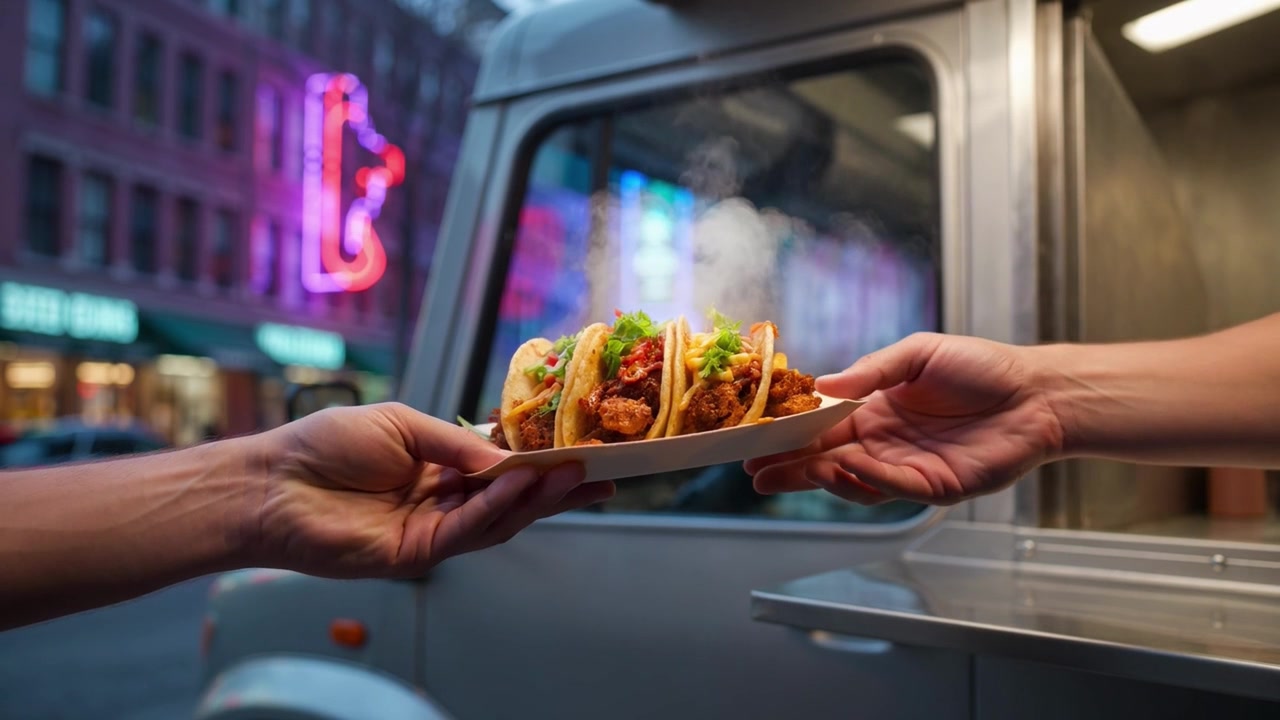 Customer Receiving Fresh Hot Tacos from a Food Truck