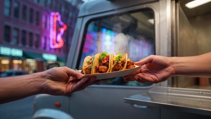 Customer Receiving Fresh Hot Tacos from a Food Truck