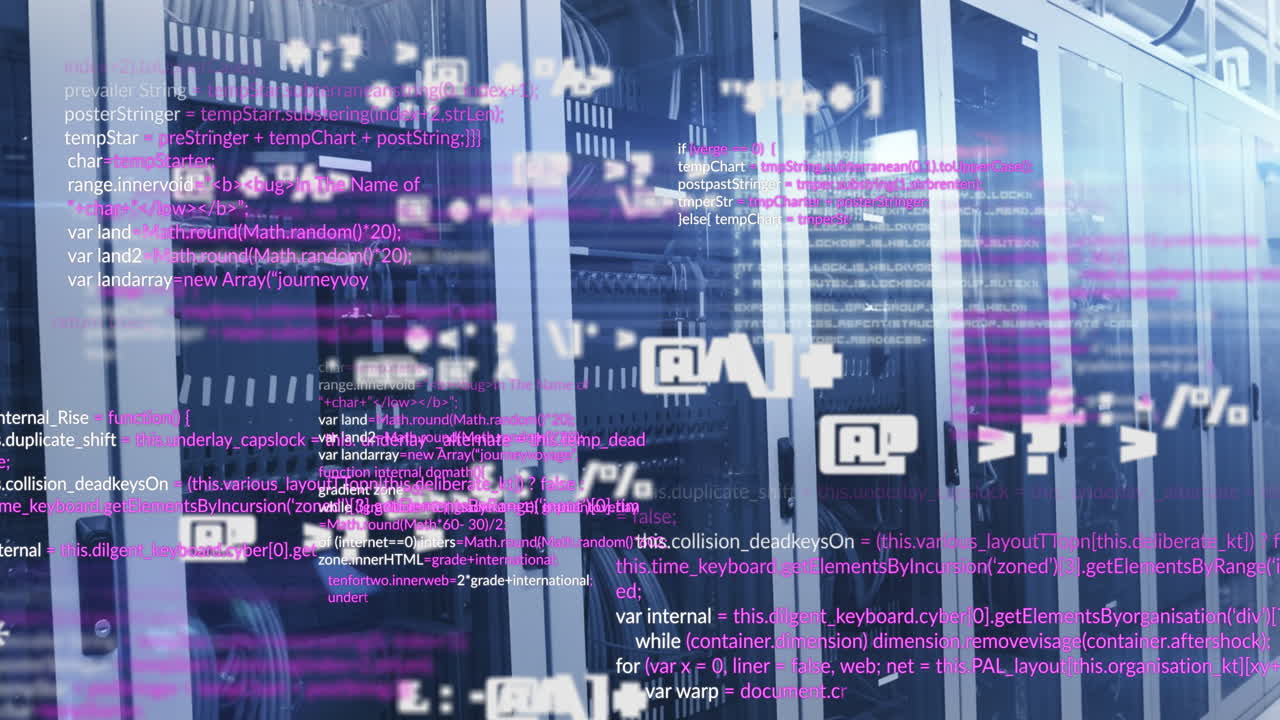 Animation of data processing and changing symbols against computer server room