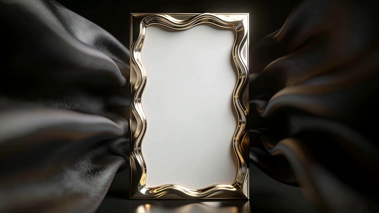 Luce da studio che crea un'onda su una cornice dorata con pannello bianco e raso increspato, mostrando le curve.