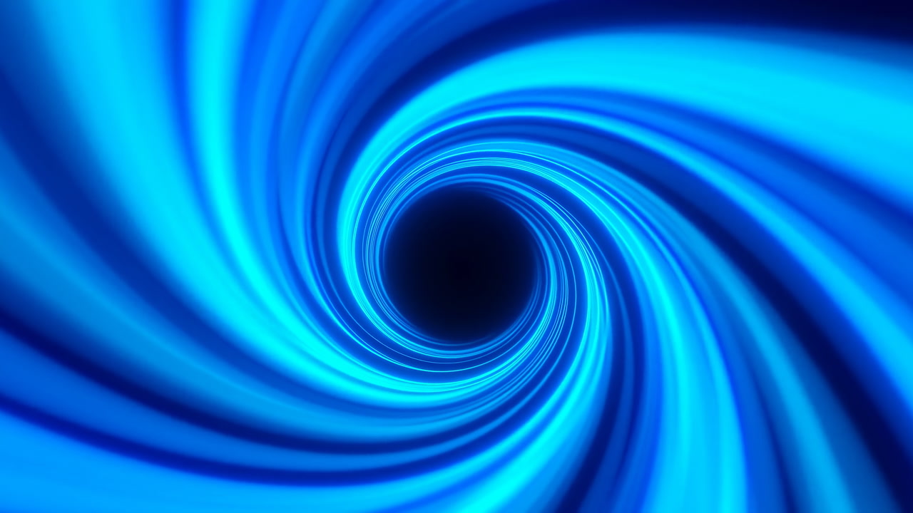 Blue Swirling Vortex Tunnel Spiraling Inward, Luminous Neon Bands Twist Into Dark Center Creating Hypnotic