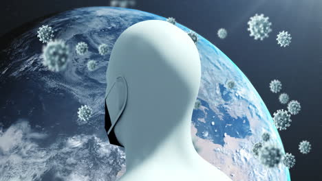 personas enmascaradas y bacterias voladoras coronavirus sobre el planeta tierra.
