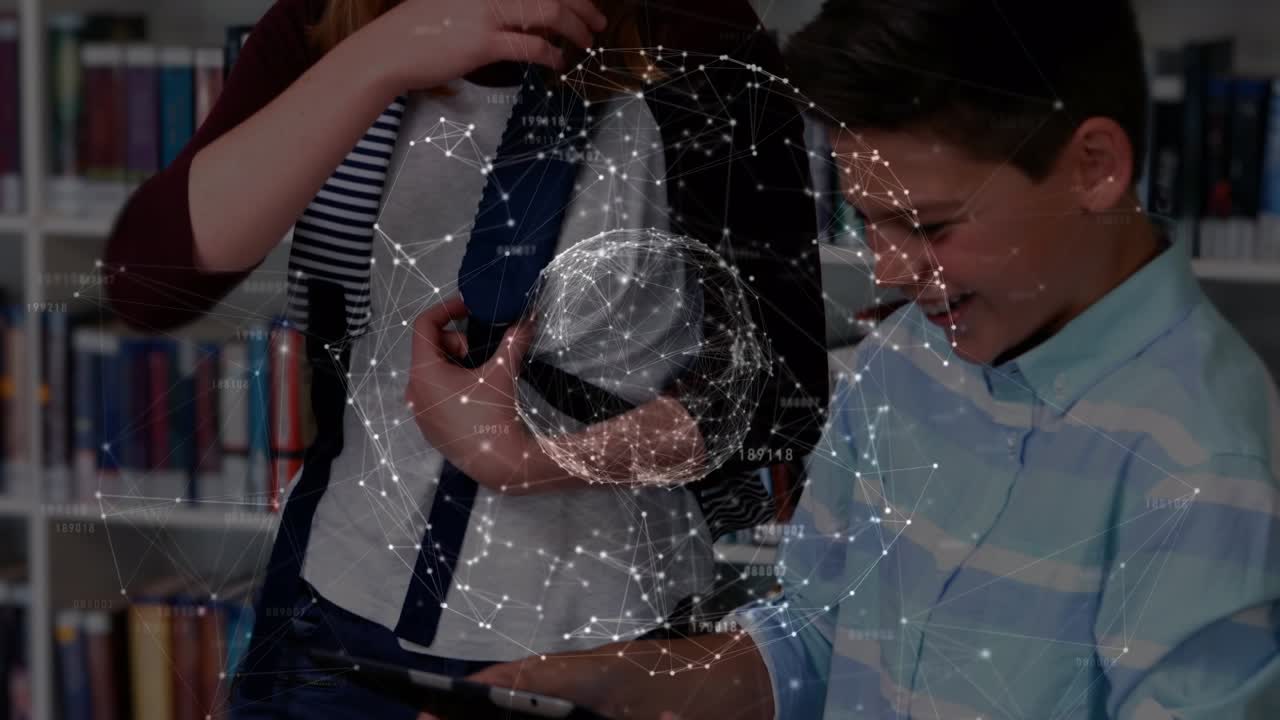 Animation af et netværk af forbindelser over forskellige skolebørn, der bruger tablet