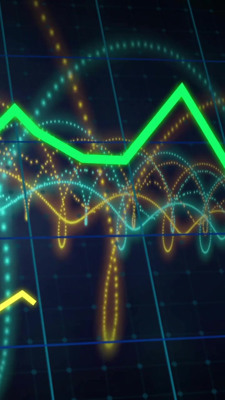 Animazione di analisi di dati finanziari con grafico fluttuante su forme d'onda colorate.