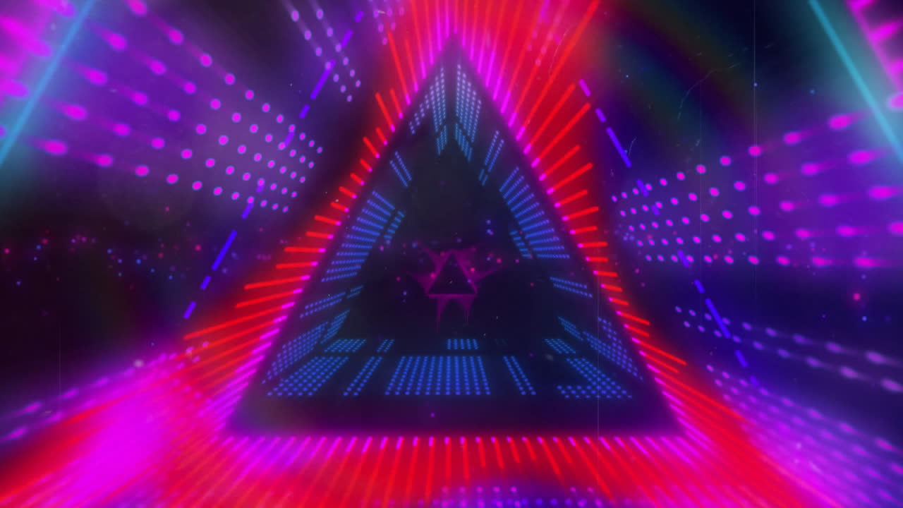 Creating futuristic effect, neon triangle with vibrant lights and digital animation patterns