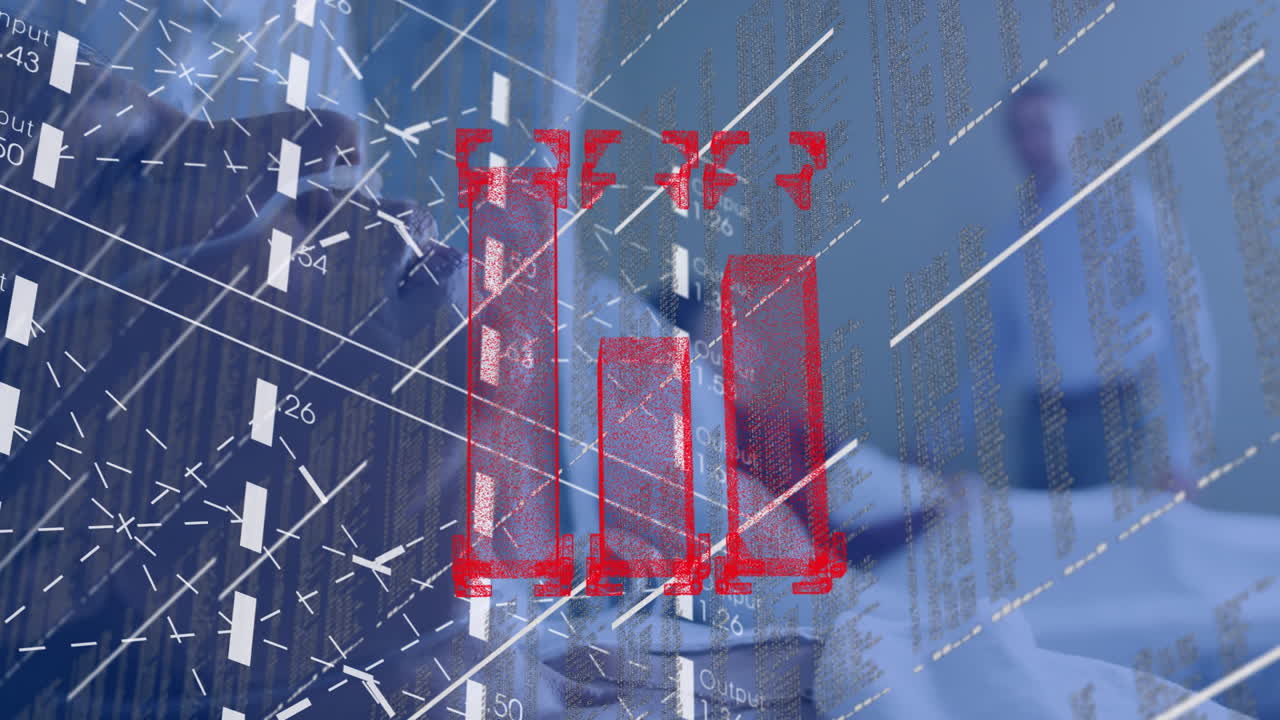 Three professionals collaborating in IT office, showing red bar chart, node-link diagram on laptops