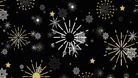 Animation of white christmas snowflakes, gold stars and new year fireworks on black background