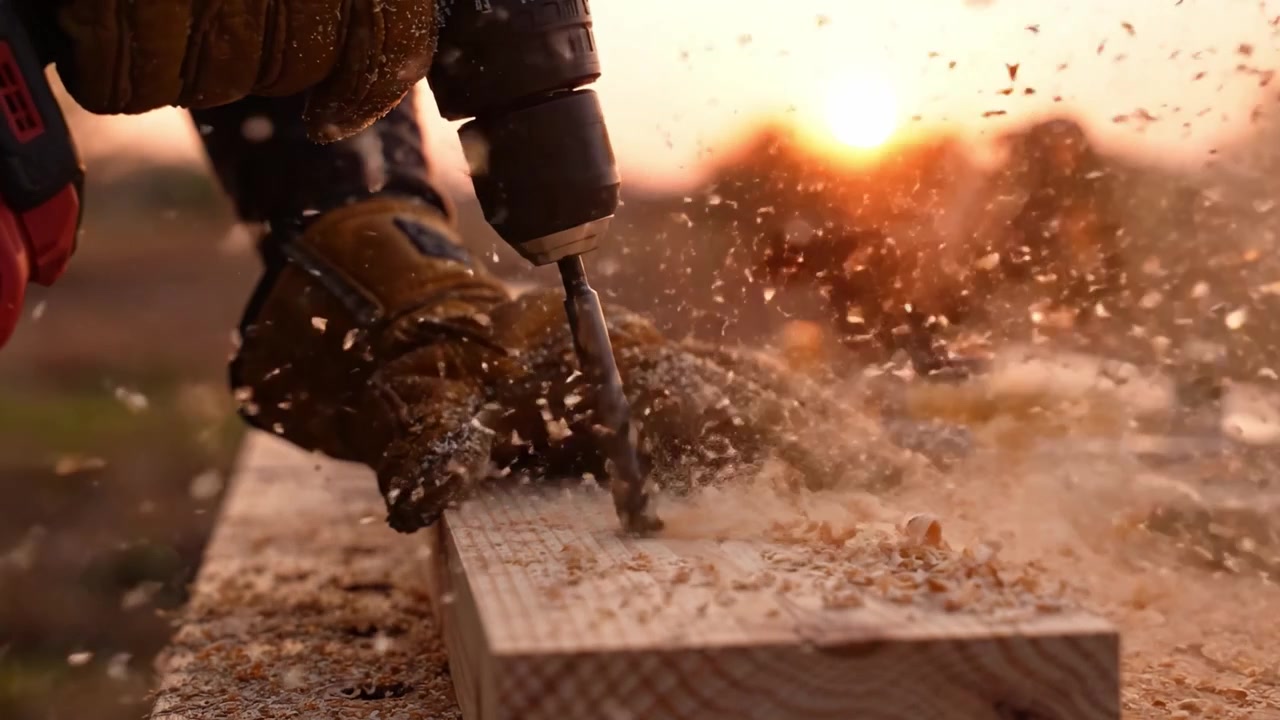 A Skilled Craftsman Uses a Power Drill to Create Precise Holes in Wood Under a Stunning Sunset, Showcasing the Art of Woodworking and Attention to Detail