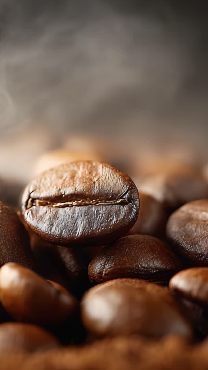 Et rigt nærbillede af blanke kaffebønner, der indfanger essensen af friskristet kaffe med aromatisk damp og teksturer, der inviterer til smagning og nydelse